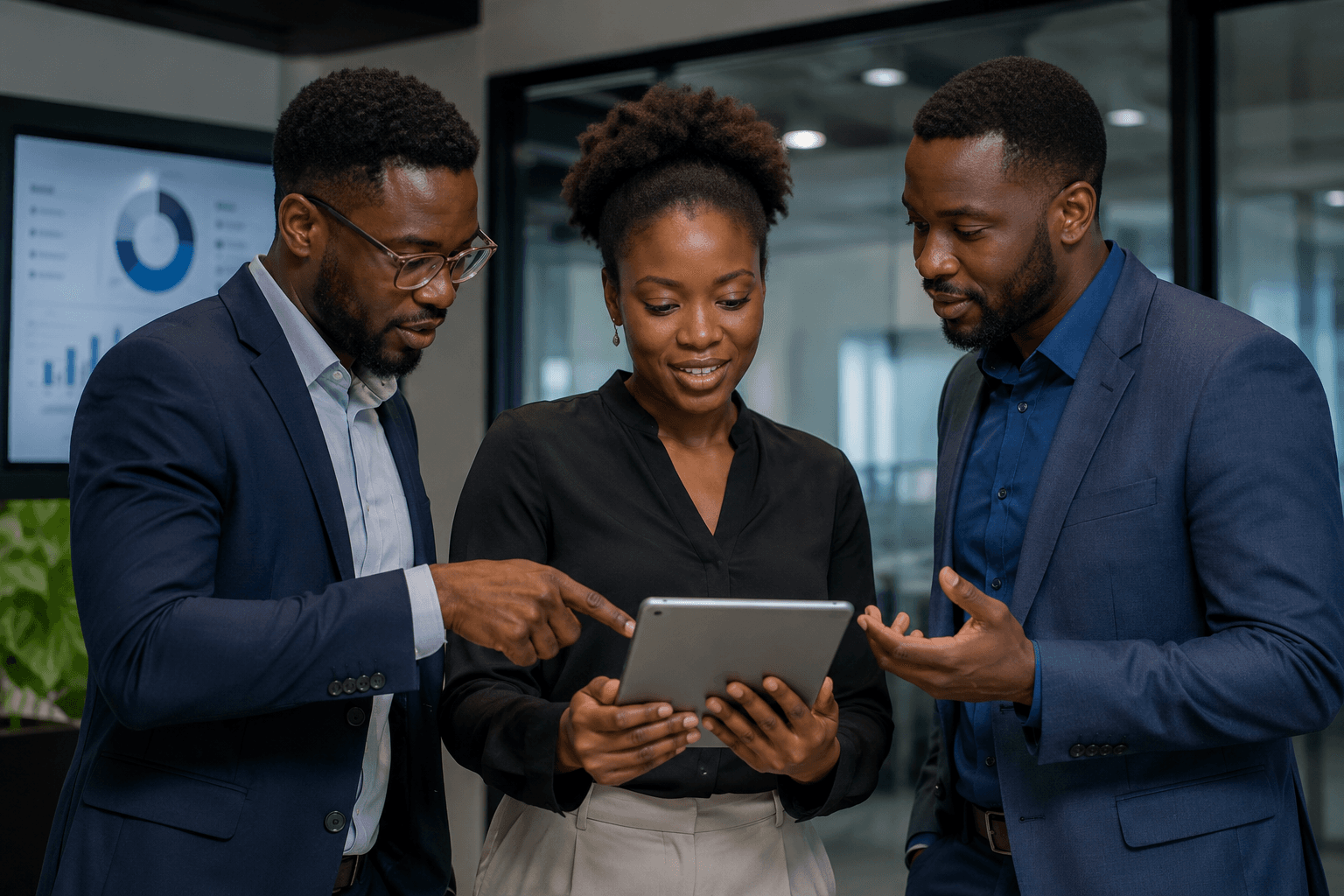 Two colleagues in professional attire reviewing insights together on a tablet